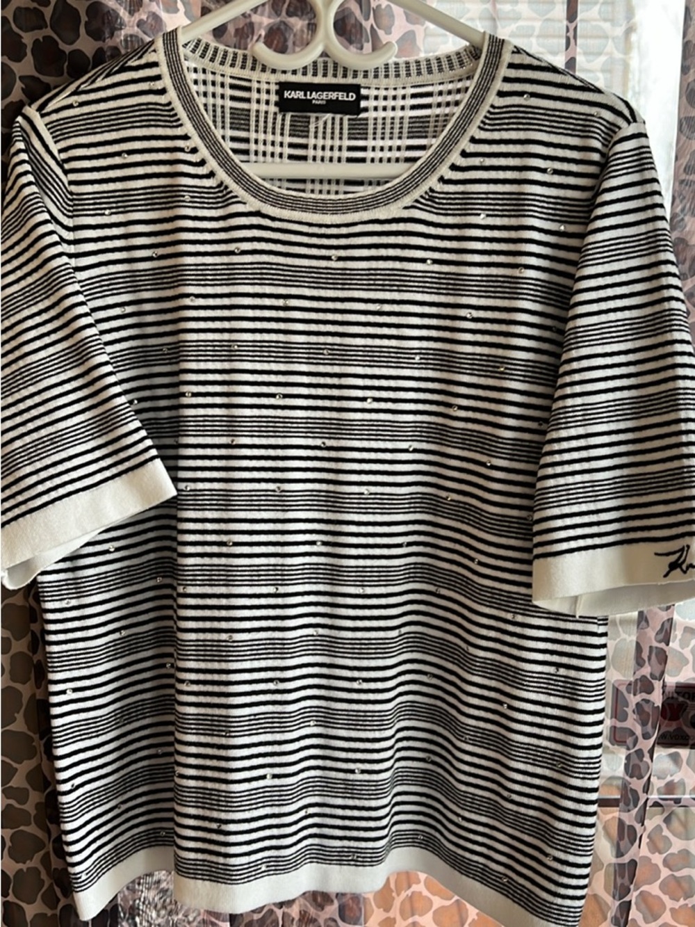 Karl Lagerfeld Black & White Striped Short Sleeve Top with Stud Detail